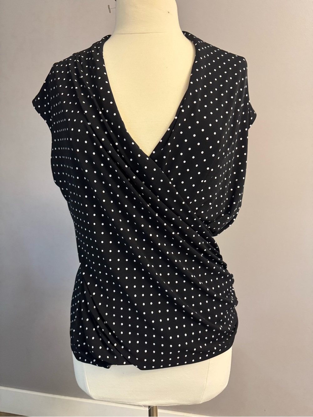 Vince Camuto Black with White Polka Dot Wrap-Style Blouse
